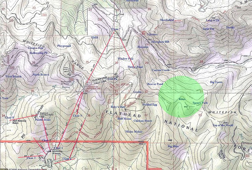 The green circle shows the backcountry location where search and rescue crews are looking for a skier who went missing over the weekend near Whitefish Mountain Resort.