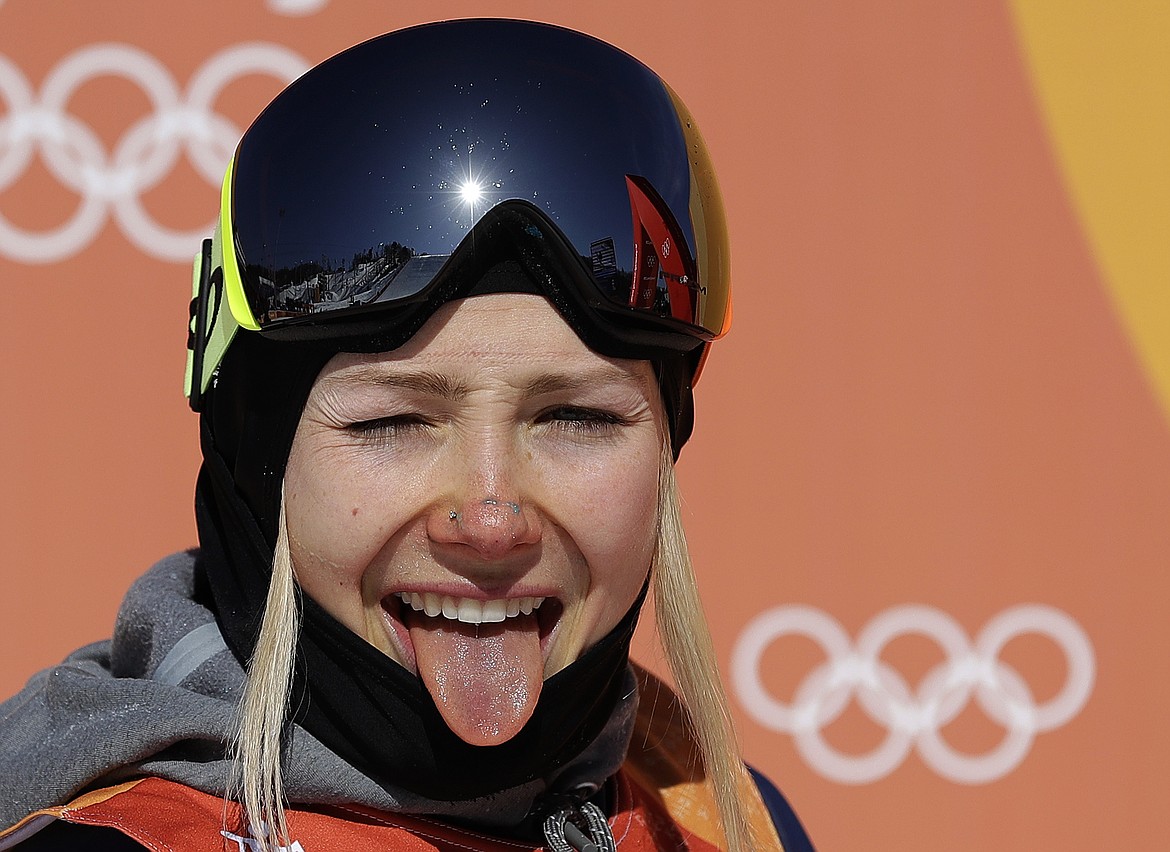 Maggie&#160;Voisin, of the United States, reacts after finishing her run during the women's slopestyle finals at Phoenix Snow Park at the 2018 Winter Olympics in Pyeongchang, South Korea, Saturday, Feb. 17, 2018. (AP Photo/Gregory Bull)