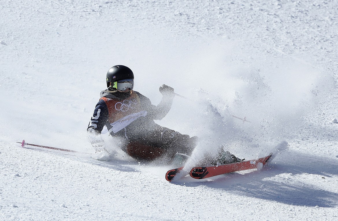 Maggie&#160;Voisin, of the United States, crashes during the women&#146;s slopestyle finals at Phoenix Snow Park at the 2018 Winter Olympics in Pyeongchang, South Korea, Saturday, Feb. 17, 2018. (AP Photo/Gregory Bull)