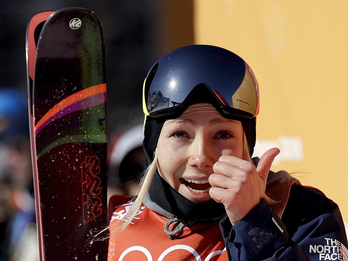 Maggie&#160;Voisin, of the United States, gives the thumbs up after her run during the women&#146;s slopestyle finals at Phoenix Snow Park at the 2018 Winter Olympics in Pyeongchang, South Korea, Saturday, Feb. 17, 2018. (AP Photo/Gregory Bull)