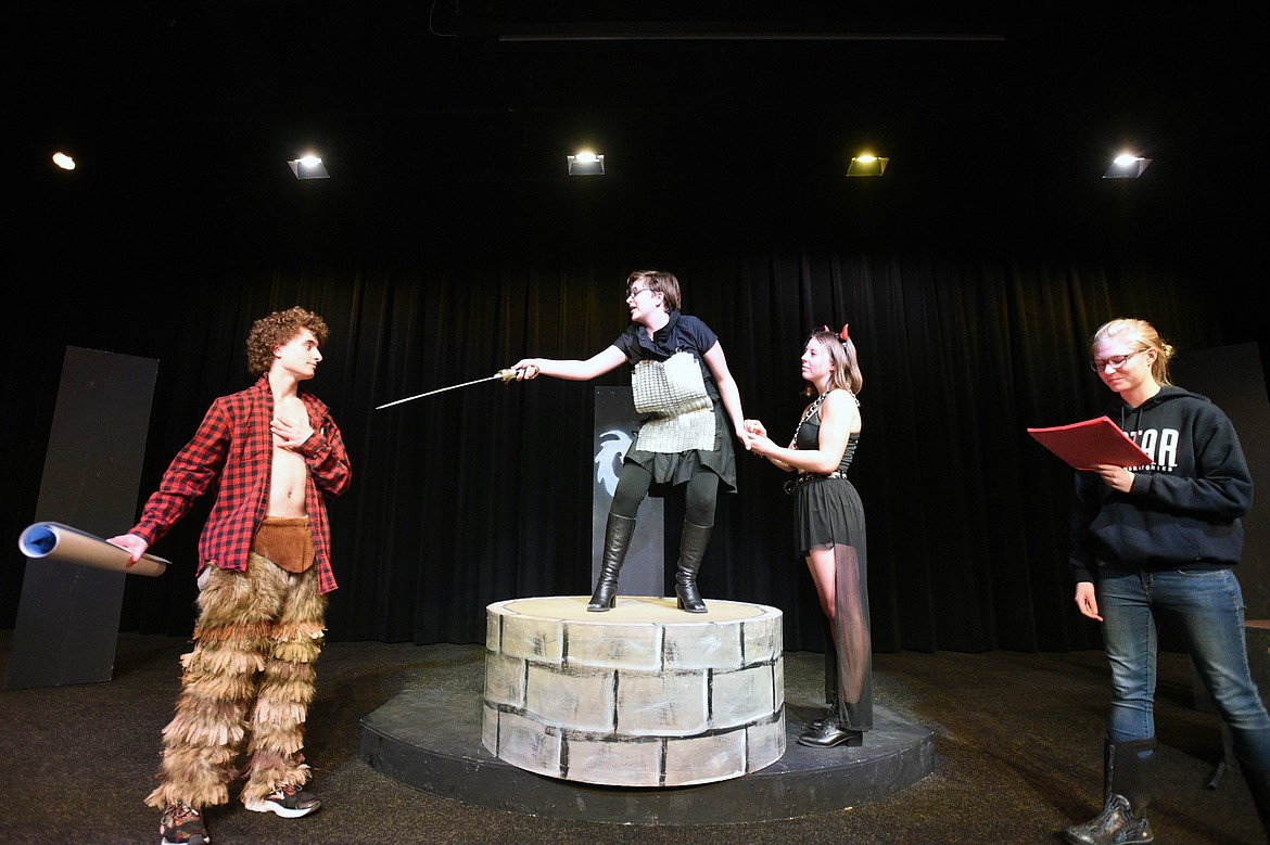 From left, Luca Welle, Sophie Tabor, Annie Robertson and Stacia Tremper rehearse a scene from &#147;She Kills Monsters,&#148; a play by Qui Nguyen, at Whitefish High School on Tuesday. (Casey Kreider/Daily Inter Lake)