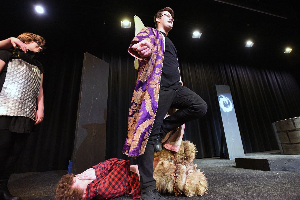 From left, Sophie Tabor, Luca Welle and Walter Pearson, top, rehearse a scene from &#147;She Kills Monsters,&#148; a play by Qui Nguyen, at Whitefish High School on Tuesday. (Casey Kreider/Daily Inter Lake)