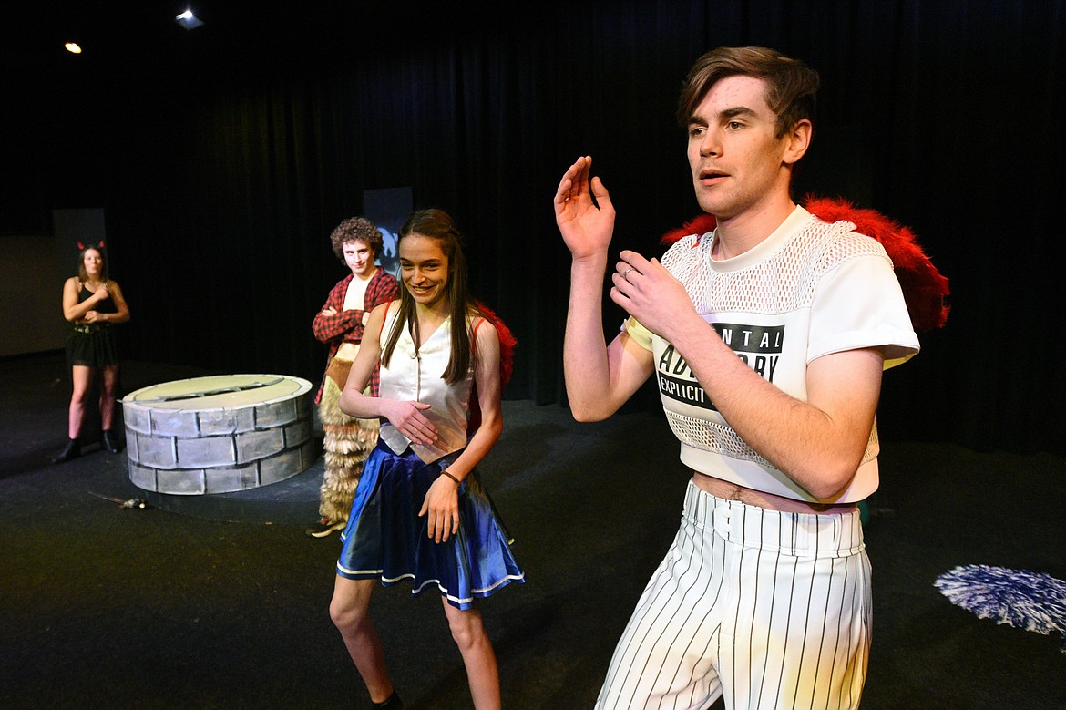 Ethan Mercer, Ella Greenberg, Luca Welle and Annie Robertson rehearse a scene from &#147;She Kills Monsters,&#148; a play by Qui Nguyen, at Whitefish High School on Tuesday. (Casey Kreider/Daily Inter Lake)