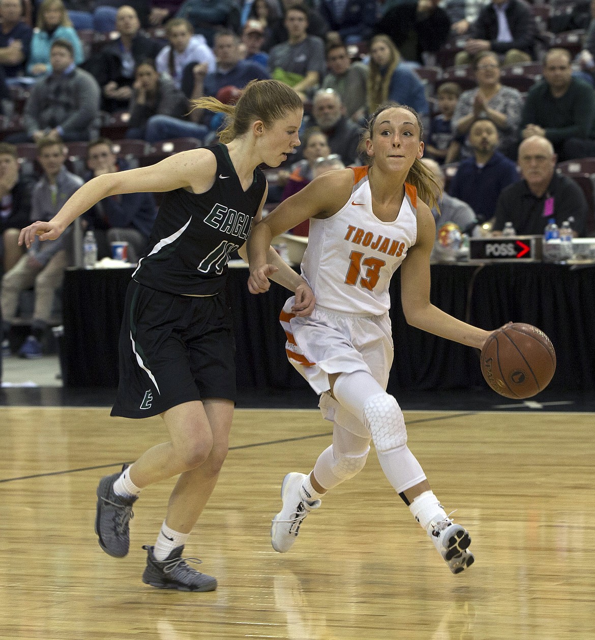 Bayley Brennan of Post Falls drives down the court during a 2017 state 5A girls basketball game against Eagle at the Ford Idaho Center in Nampa. Post Falls open this year&#146;s
tournament against Capital High of Boise on Thursday at 5:15 p.m. PST at the Ford Idaho Center.
LISA JAMES/Press file