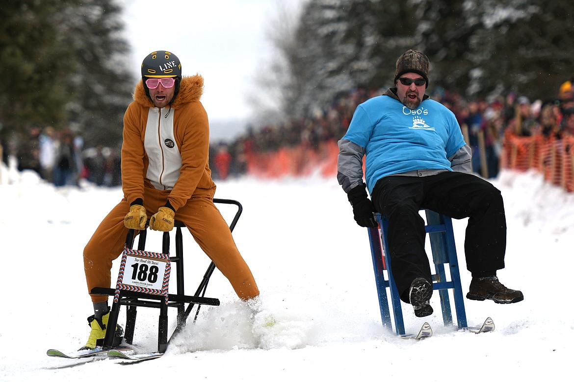 A pair of barstool skiers race down Sugar Hill side by side on Saturday. 

(Casey Kreider photo/Daily Inter Lake)