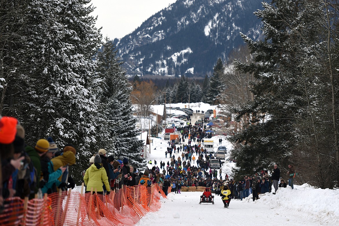 Barstool skiers race down Sugar Hill during Cabin Fever Days in Martin City on Saturday. (Casey Kreider/Daily Inter Lake)