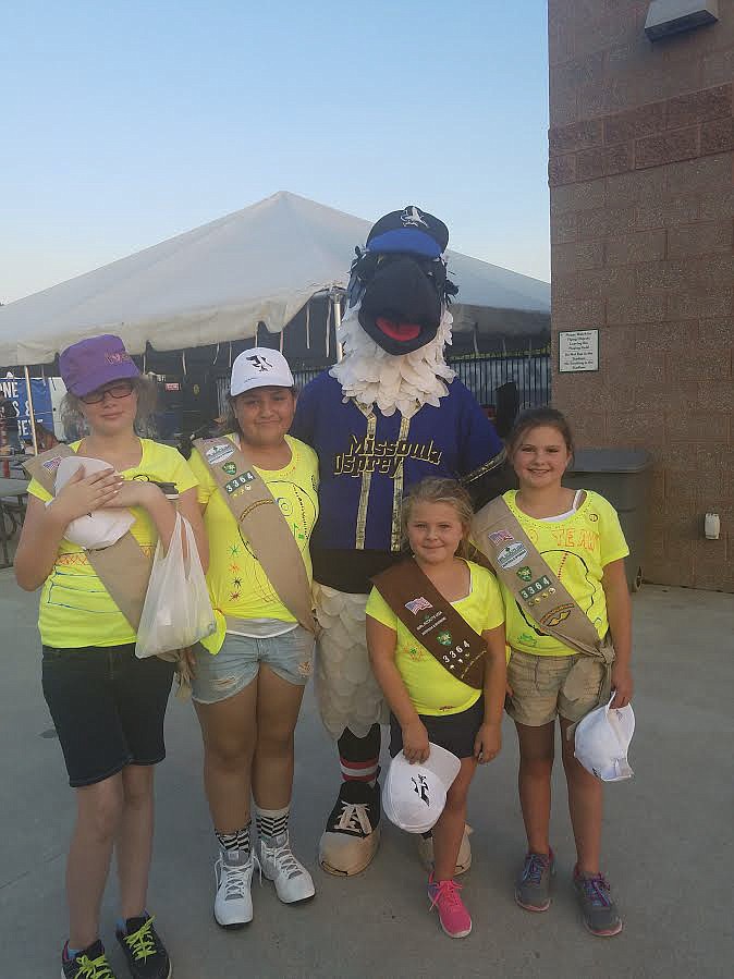 GIRL SCOUT Troop 3364 took part in Girl Scout Night with Ollie Osprey last summer. Pictured left to right are Faith, Shanoah, Ollie Osprey, Abbi and Caitlynn. (Photo provided)