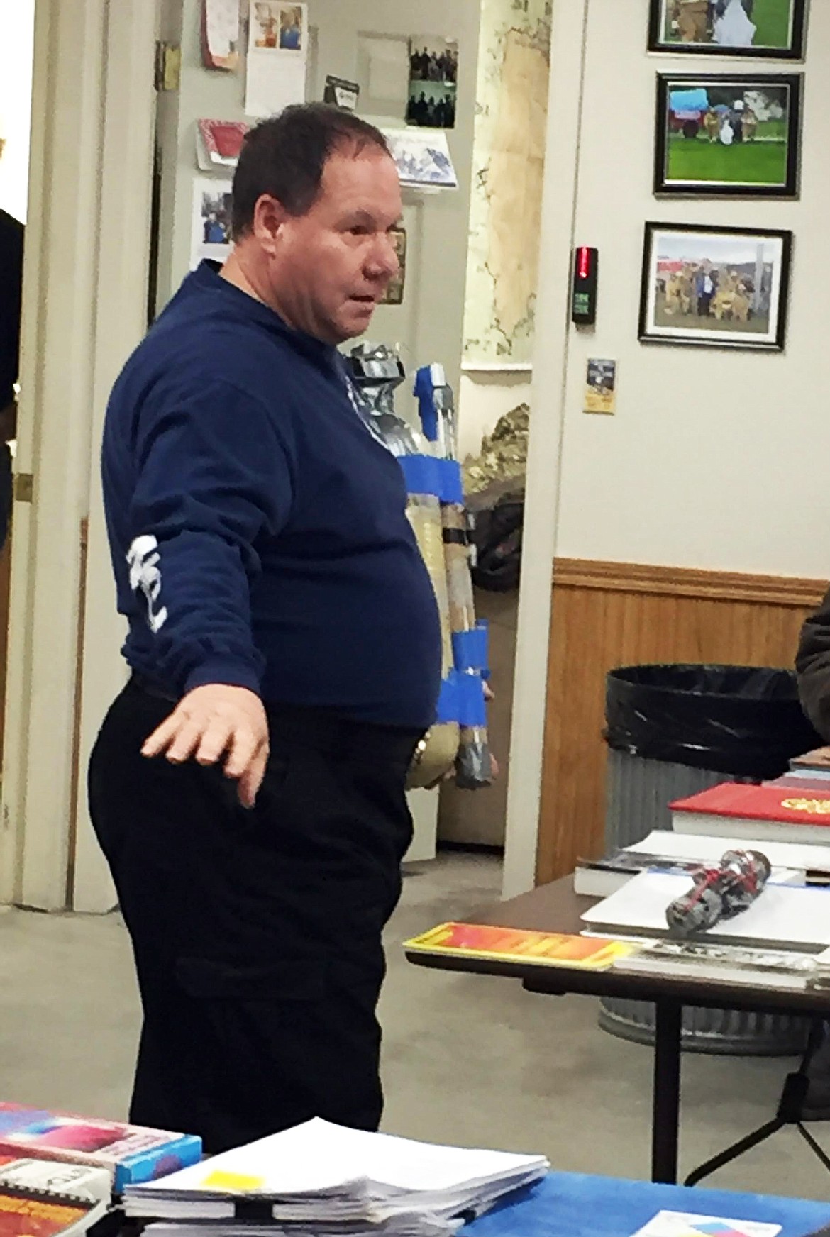 HAZMAT Trainer/Fire Fighter Tom Ziegler explaining how booby trap devices work and their dangers to first responders (Erin Jusseaume/ Clark Fork Valley Press)