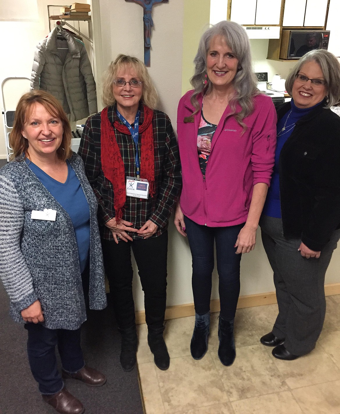 Getting set to enjoy the some homemade chili and cornbread from left, Barbra Monaco, Linda Wilson, Deborah &#145;Kim&#146; Christopher and Ann Marie McNeel. (Erin Jusseaume/ Clark Fork Valley Press)