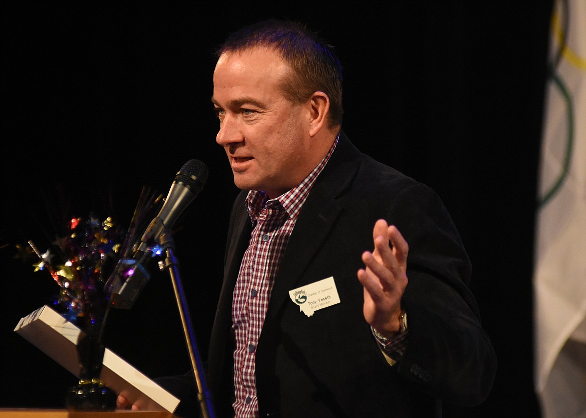 Tony Veseth accepts the Chamber Volunteer of the Year award during the Whitefish Chamber Awards Gala Feb. 7 at the O'Shaughnessy Center.