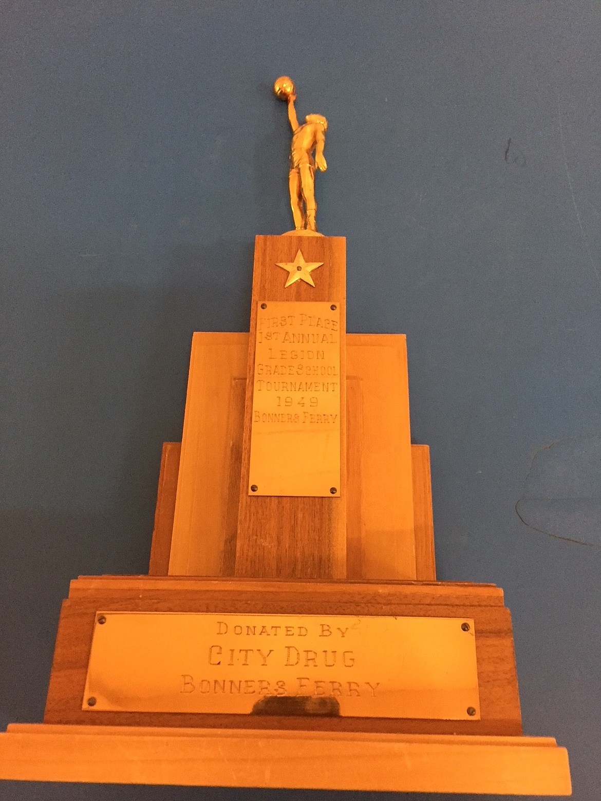 Courtesy Photo
The championship trophy, donated by city drug, from the first middle school basketball
Tournament in 1949.