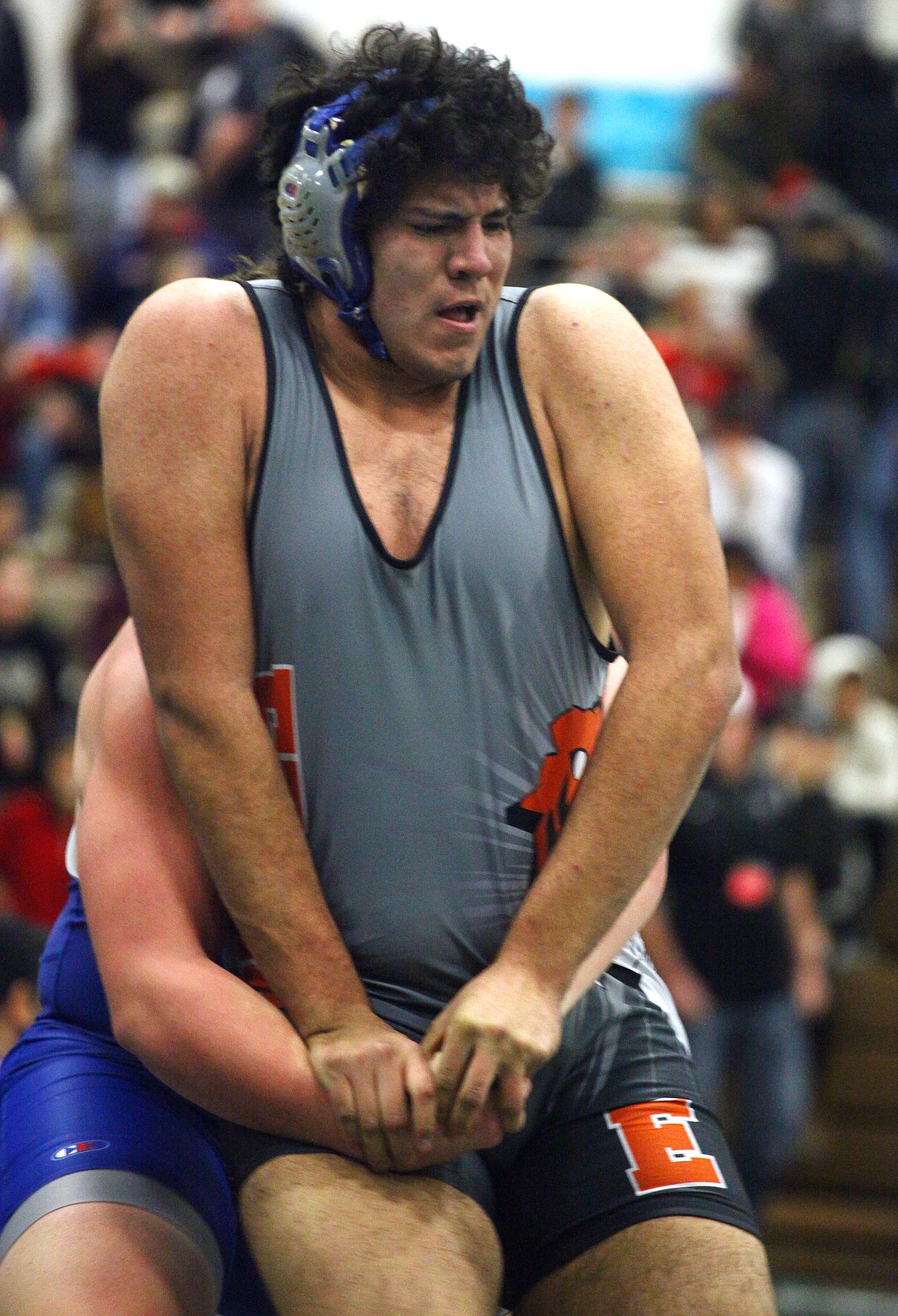 Rodney Harwood/Columbia Basin HeraldEphrata heavyweight Efrain Bedolla tries to escape the clutches of Dietrik Mueller of Pullman during the 285-pound semifinal match on Saturday at the 2A Region 4 tournament in Spokane.