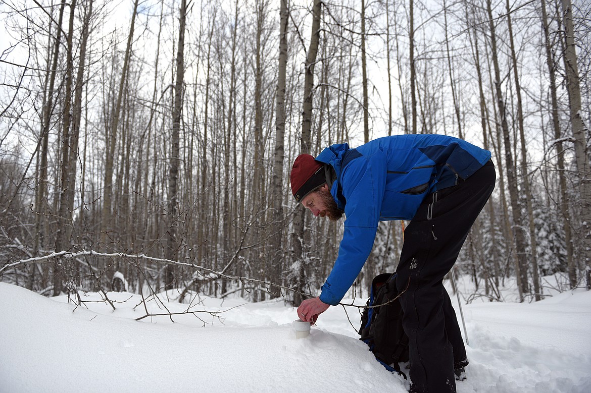 Bob Hall, professor at Flathead Lake Biological Station, attempts to open the top of a well near the Nyack Flats on the Middle Fork of the Flathead River on Tuesday, Feb. 6. (Casey Kreider/Daily Inter Lake)