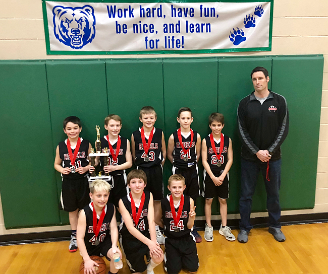 Courtesy photo
The Rebels fourth-grade boys basketball team took second place in the fifth-grade division at the Lake City Shootout AAU tournament. In the front row from left are Braxton Barker, Elliot Ries and Jaxon Lysne; and back row from left, Cashton Bodman, Jayden Smith, Conner Carver, Jayce Ostlund, Isaiah Naylor and coach Shaun Leary.