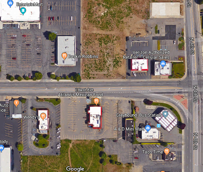 This Google map satellite image shows the roads and businesses along Fourth Street and the east end of Appleway in 2018.