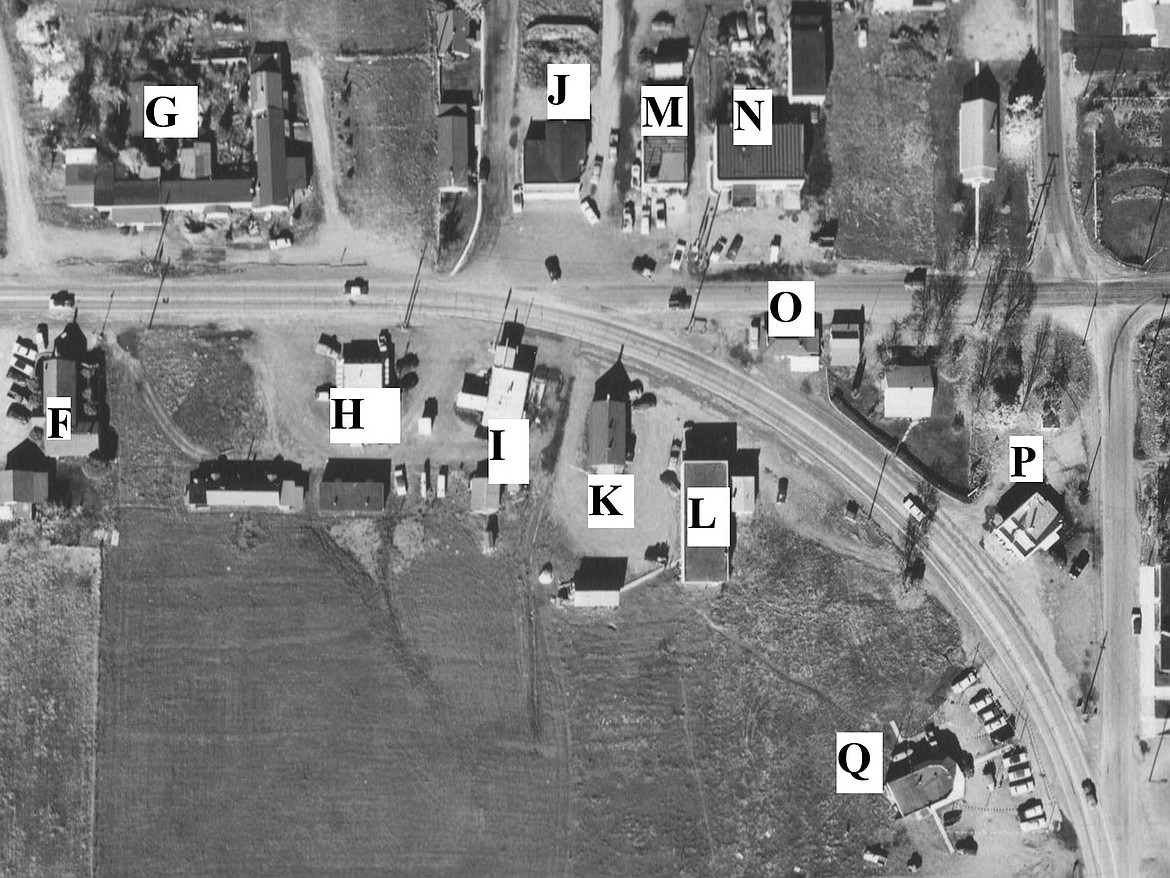 This map shows Fourth Street on the right intersecting with Appleway in 1958, along with the businesses that populated that area at that time. F. Sunset Bar; G. Wiloacres; H. Elsie&#146;s Dakota Cafe; I. Abbey&#146;s/Mathews Chevron; J. Drive Thru grocery store; K. Elkhorn; L. John&#146;s Bargain House; M. Mack&#146;s Tire service; N. Lake City Motors; O. Mike&#146;s Place; P. North Star Service Station; Q. Leahy&#146;s 300 Club.
