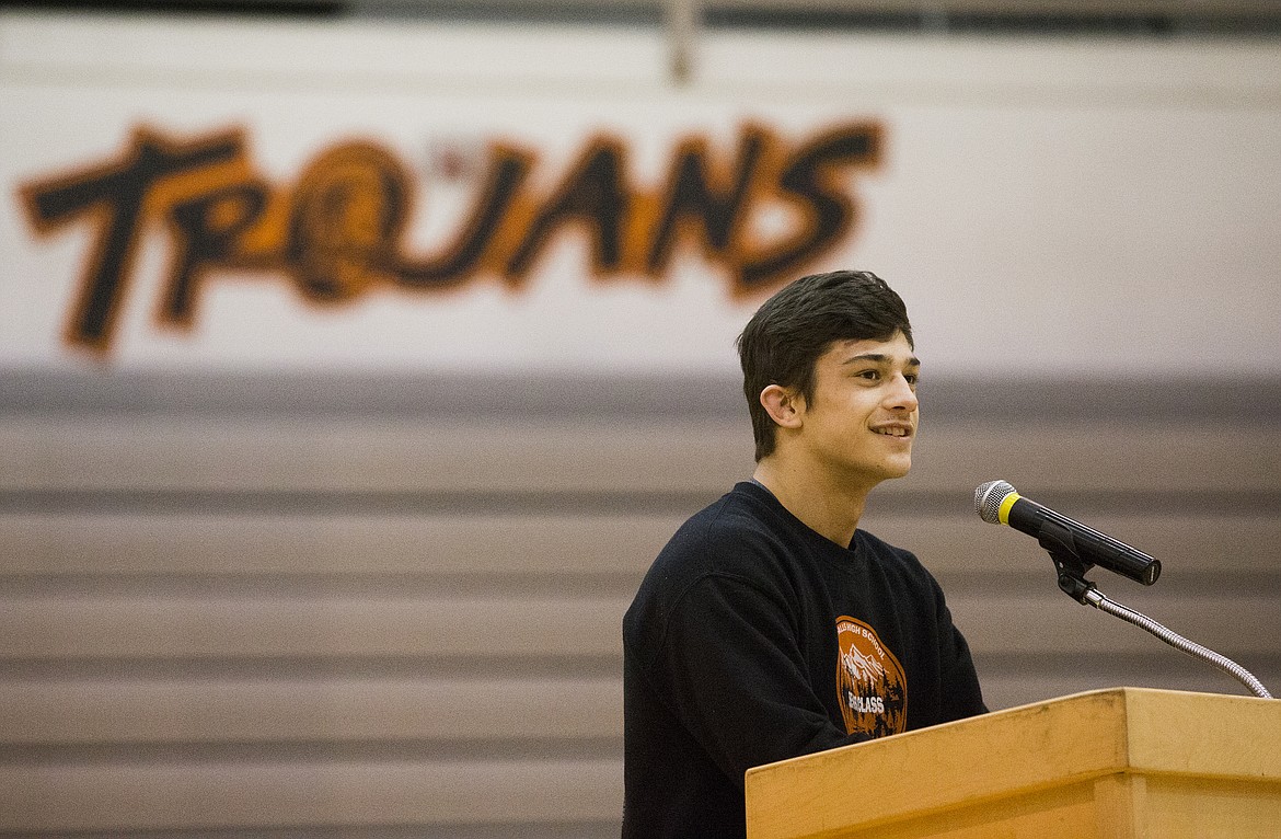 Post Falls wrestler Matt McCloud thanks his family and friends for supporting him during the 2017-2018 wrestling season at a pep rally Sunday afternoon at school. (LOREN BENOIT/Press)