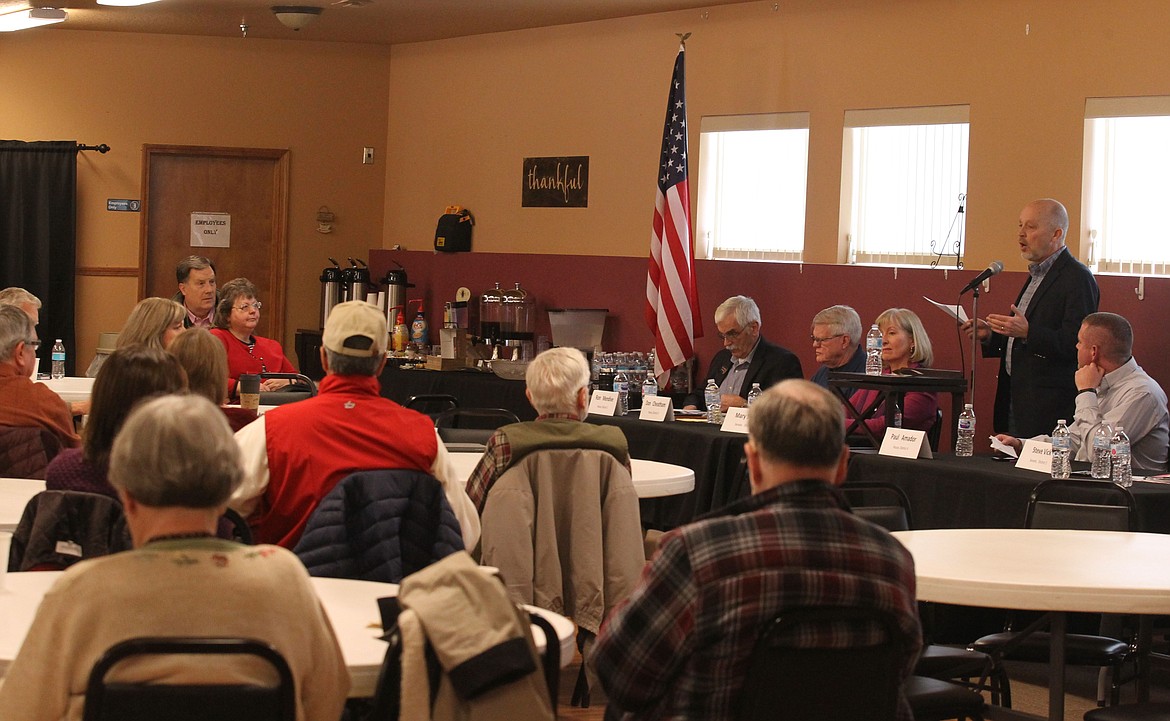 DEVIN WEEKS/Press 
Sen. Steve Vick, R-Dalton Gardens, shares what he&#146;s working on this legislative session during a mid-session town hall Saturday morning in the Post Falls Senior Center. About 50 people attended the two-hour town hall, during which several questions about house and senate bills were asked.