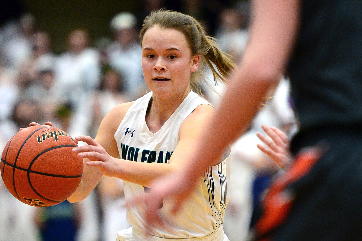 Glacier&#146;s Cadie Williams brings the ball upcourt against Flathead during a 30-24 crosstown victory for the Lady Wolfpack Thursday night at Glacier High School. (Casey Kreider/Daily Inter Lake)