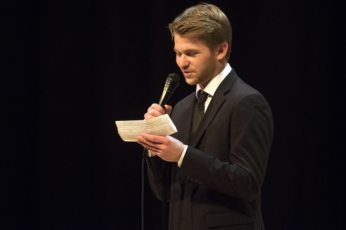 L.J. Panasuk warms up the crowd as Master of Ceremonies at the Columbia Falls High School Talent Show Tuesday. (Jeremy Weber photo)