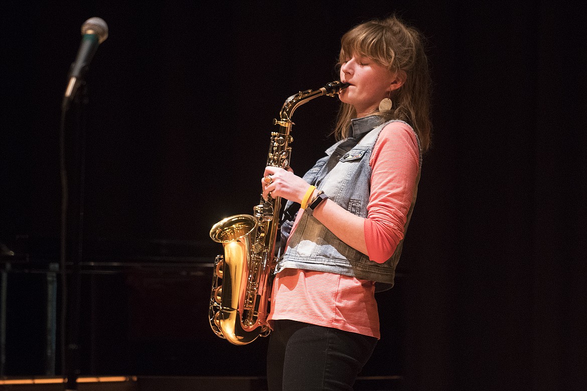 Julia Sowerwine performs &#147;Careless Whisper&#148; during the Columbia Falls High School Talent Show Tuesday. The show is part of the school&#146;s &#147;Bleed Blue Week.&#148; (Jeremy Weber photo)