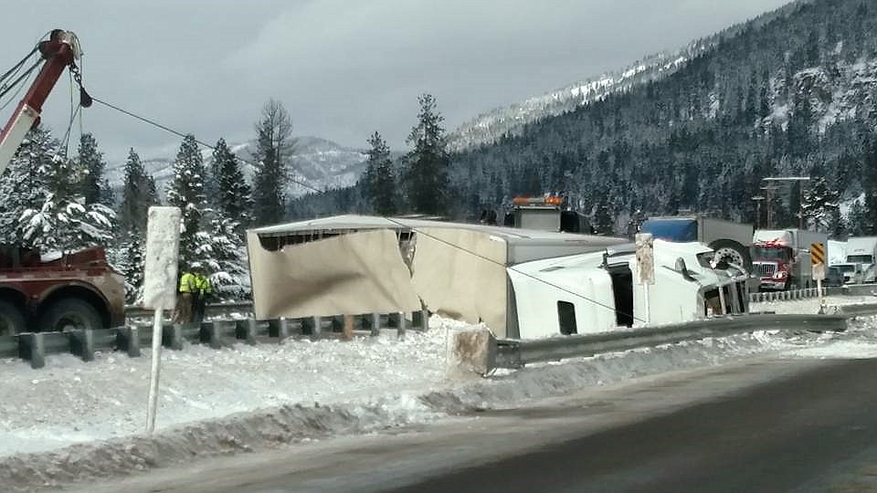 A truck accident near Lozeau stopped eastbound traffic on I-90 on Tuesday, Feb. 20, backing up traffic to the Superior airport. (Kathleen Woodford/Mineral Independent)