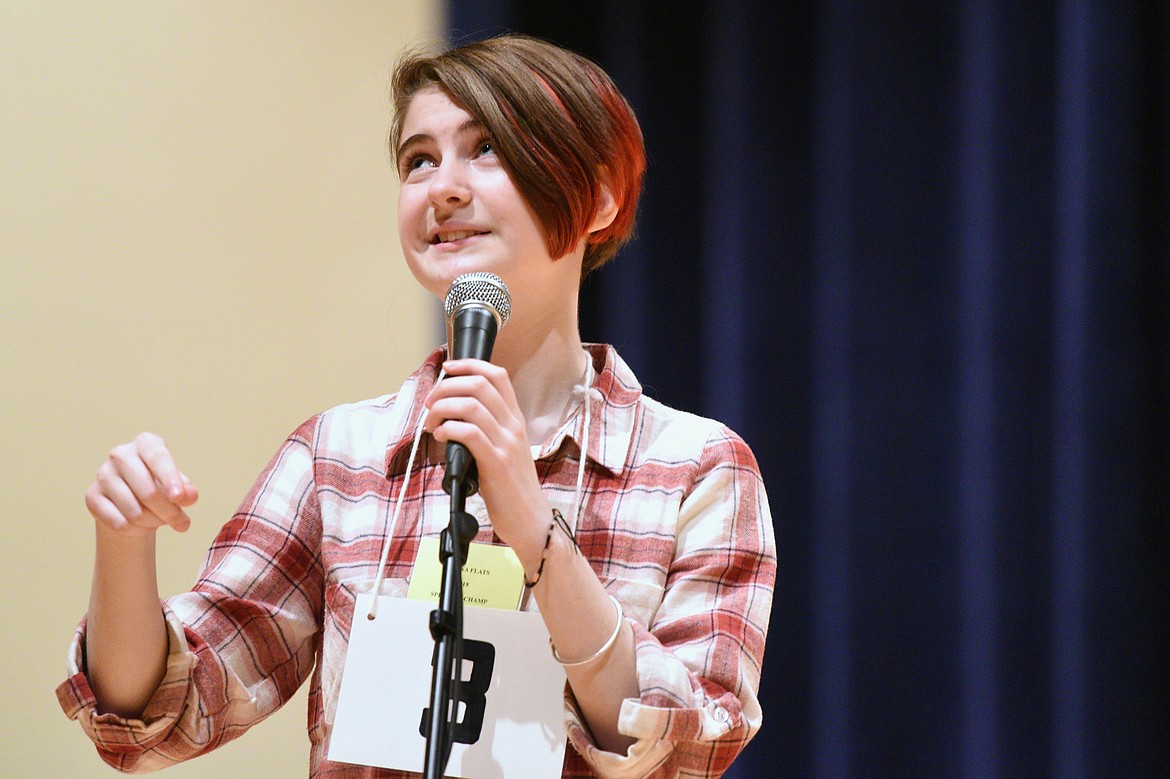 Third-place finisher Lacey Carmichael of Helena Flats School misspells the word &#147;hominy&#148; at the Flathead County Spelling Bee at Glacier High School on Thursday, Feb. 22. (Casey Kreider/Daily Inter Lake)