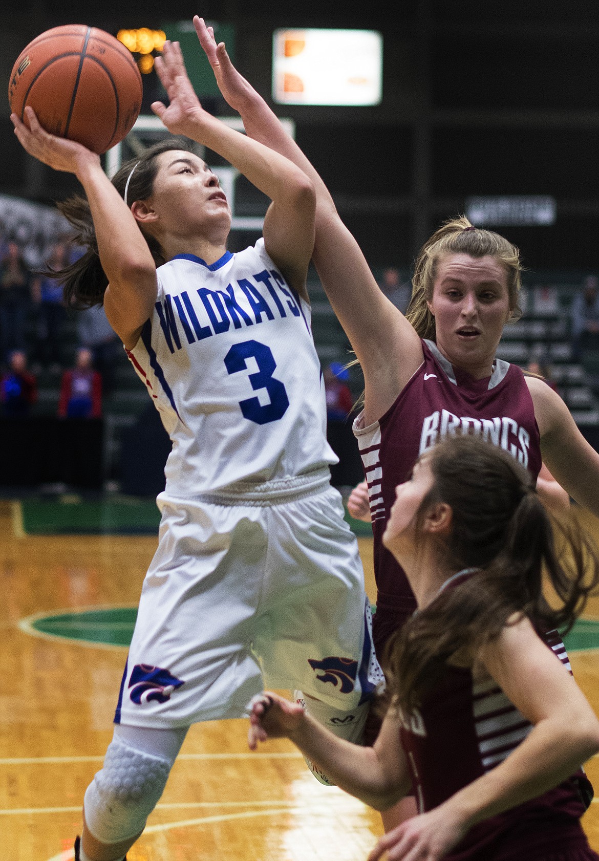 Columbia Falls guard Dani Douglas goes up for two of her 11 points against Hamilton in the consolation final at the Western A Divisional Tournament in Butte Saturday. Columbia Falls won in overtime, 43-42.