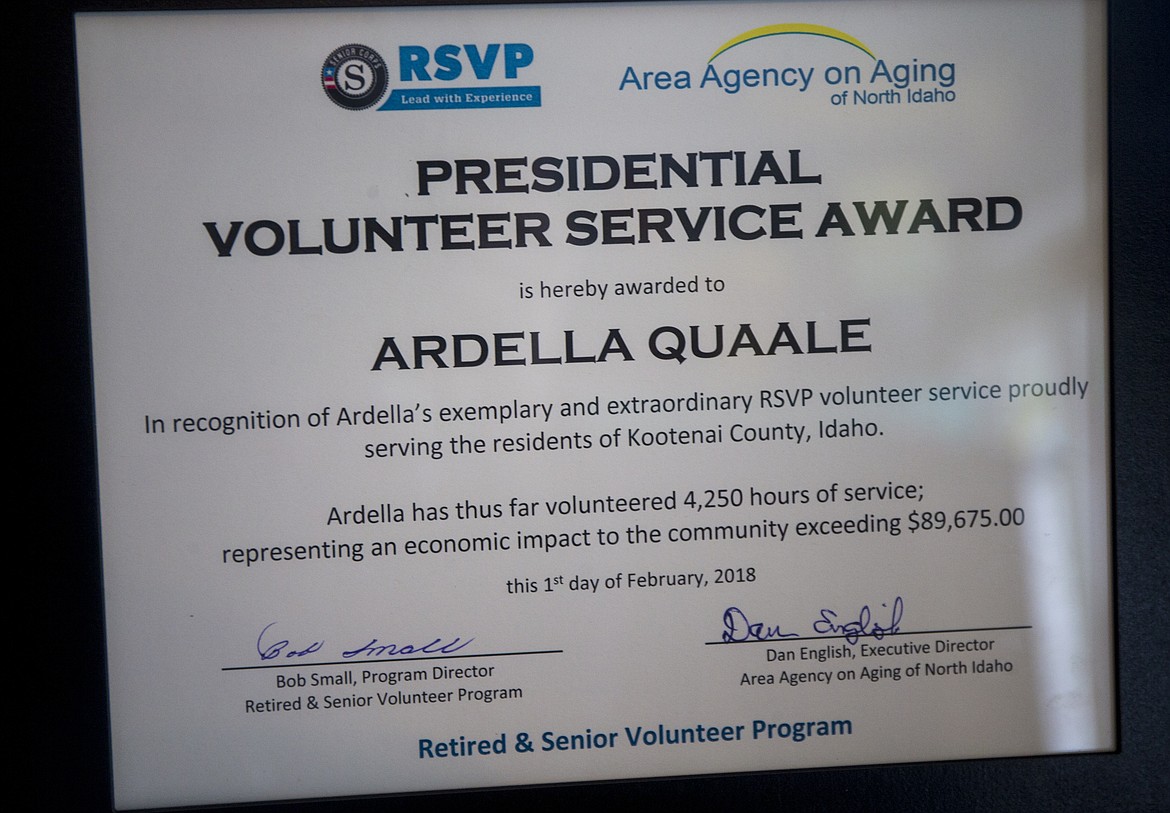 Ardella Quaale's Presidential Volunteer Service Award recognizing her 4,250 hours of service. (LOREN BENOIT/Press)
