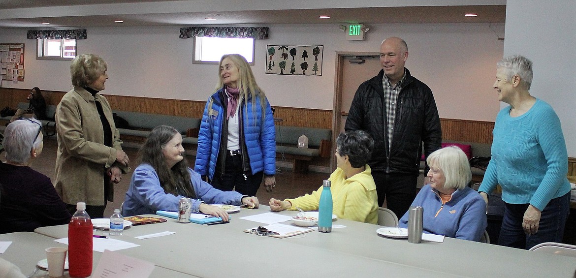 Montana House Representative, Rep. Greg Gianforte along with his wife, Susan, visit with members of the Cabin Fever Quilters Guild in St. Regis on Saturday, Feb. 17. (Kathleen Woodford/Mineral Independent).