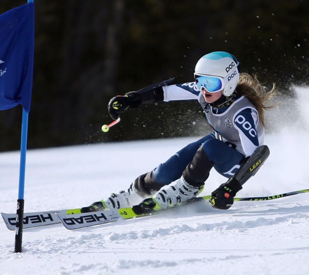 Mikaela Daniels of Whitefish cruising to third place in Saturday&#146;s Big Sky Super G Race. (Photo courtesy FVSEF)