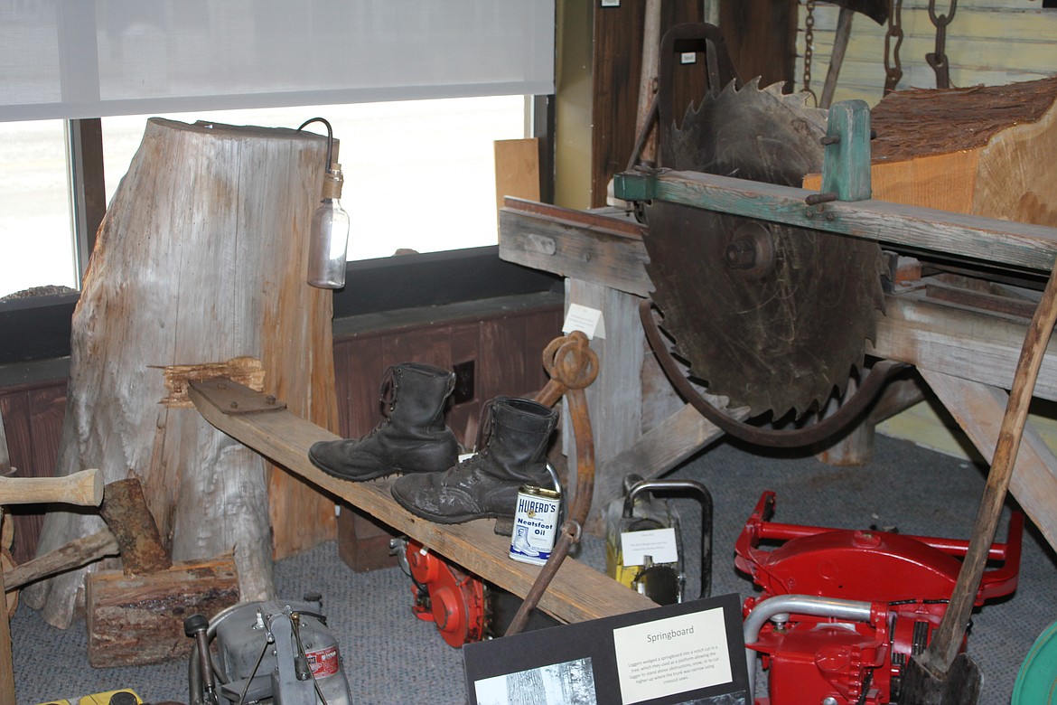 This display at the Boundary County Historical Society and Museum shows springboards, which were used as a sort of scaffolding, allowing the loggers that were felling the tree to get higher up the tree to avoid imperfections.

Photo by Tanna Yeoumans