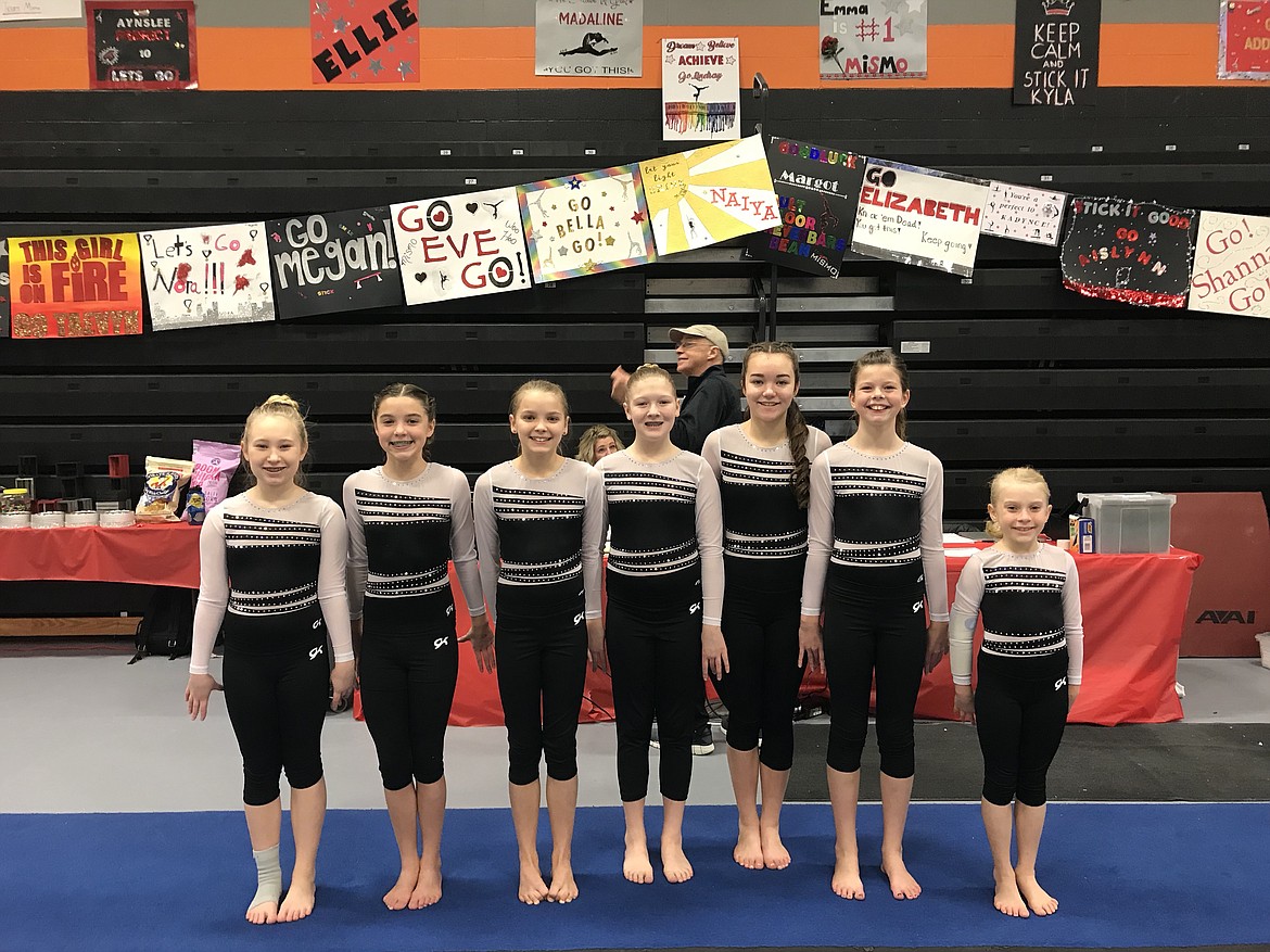 Courtesy photo
The Avant Coeur Gymnastics Xcel Silvers took 3rd place at the Mismo Magical Meet in Missoula. From left are Avary McAllister, Mya Trejos, Amberly Johnson, Cameron Cox, Sammy Pereira, Aiva Reed and Dakota Hoch.