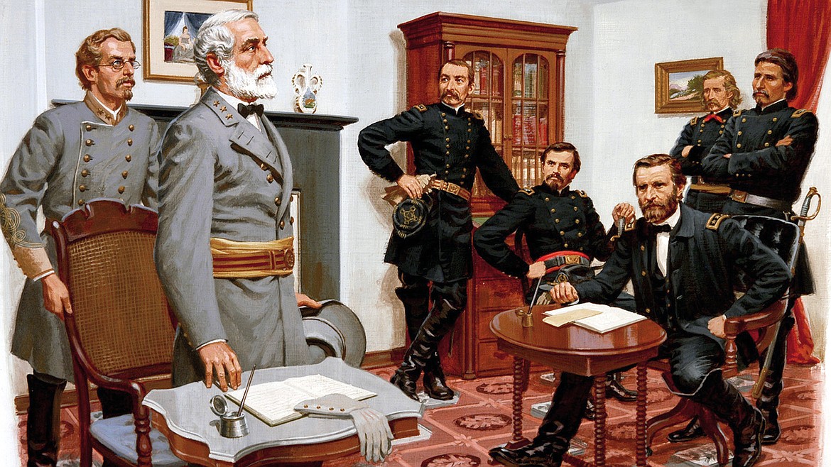 HISTORY CHANNEL
Generals Ulysses S. Grant and Robert E. Lee signing surrender document at Appomattox, Va., ending the Civil War, with Major General Custer present, shown here standing in the back wearing his red scarf.