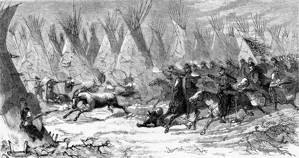 PUBLIC DOMAIN
Custer&#146;s 7th Cavalry attacking Cheyenne Indians at Washita River in Oklahoma on Nov. 27, 1868, a battle that forever tarnished his image because women and children were killed and used as human shields.