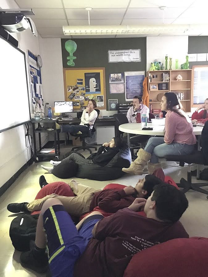 ANNA BALDWIN, an English teacher at Arlee High School, opened her classroom during a free period last week for any students who were available and wanted to watch the boys&#146; basketball team take on the Belt Huskies. (Ashley Fox/Lake County Leader)