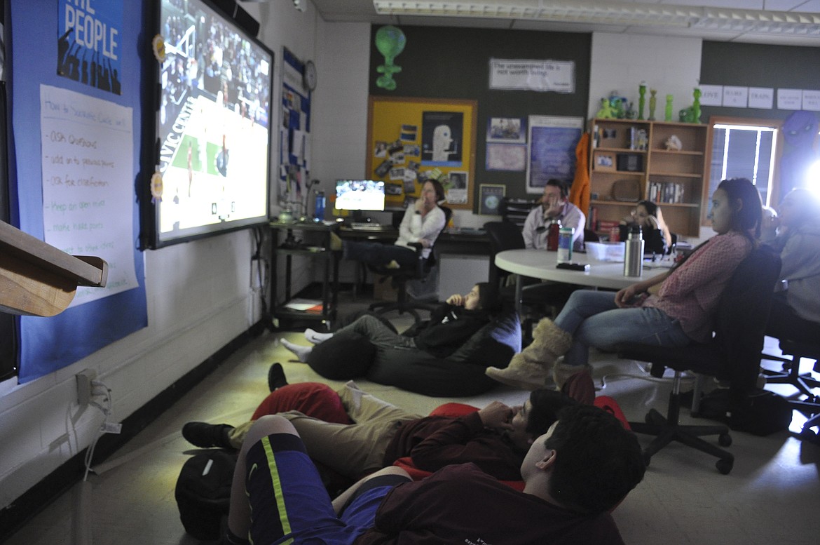 ANNA BALDWIN, an English teacher at Arlee High School, opened her classroom during a free period last week for any students who were available and wanted to watch the boys&#146; basketball team take on the Belt Huskies. (Ashley Fox/Lake County Leader)