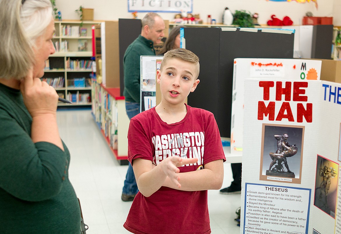 Fifth grader Rowdy Crump discusse sthe finer points of the Greek myth of the Minotaur to judge Betsy Kohnstamm at the &quot;Great Brain&quot; show at Ruder Elementary last week.