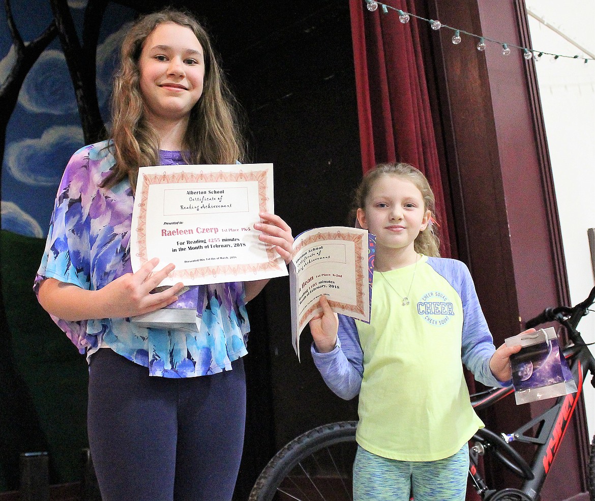 Alberton students Raeleen Czerp, grade 5, and Delilah Bean, grade 2, were the &#147;Reading for the Stars&#148; grand-prize winners and won parties at the Hub in Missoula. (Photo by Rochelle Knapp)