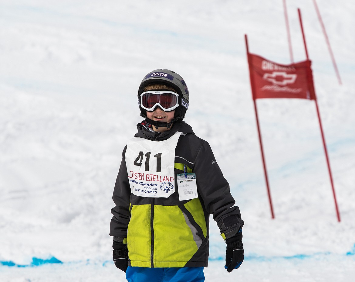 Justen Bjelland of Columbia Falls smiles after finishing the slalom race.