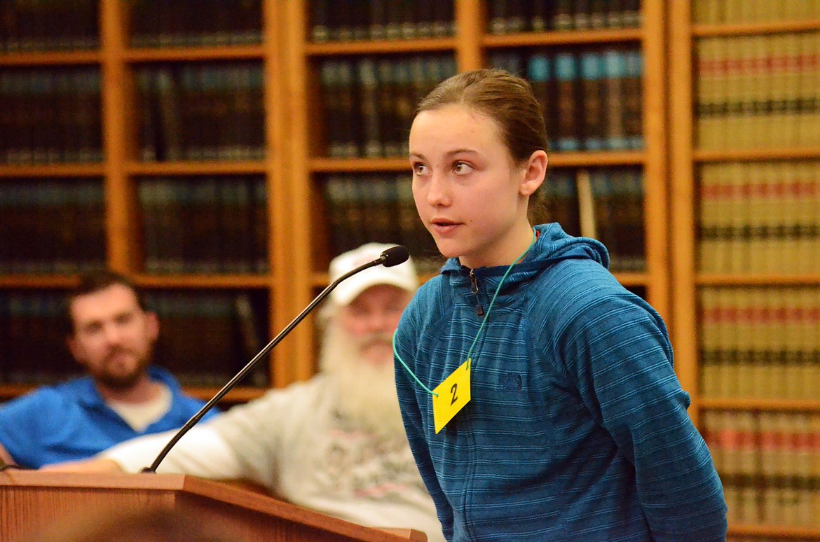 Hattie Neesvig spells her word in the final round. Neesvig placed second in the contest.