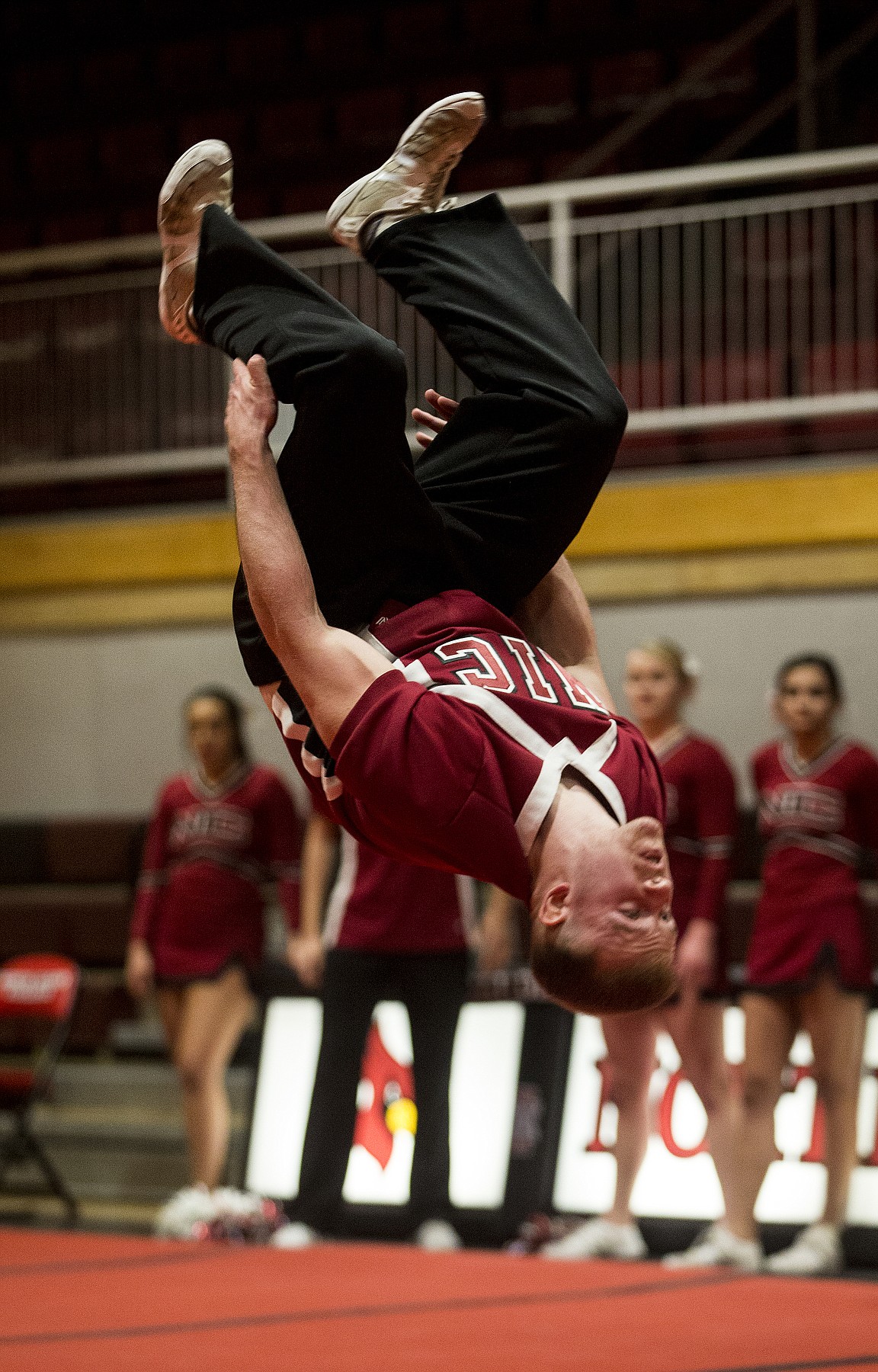 LOREN BENOIT/Press
Logan Hall of North Idaho College Cheer performs a backflip during the group&#146;s send off performance on Feb. 20 at NIC. The squad placed third in its division at a national competition last weekend in Anaheim, Calif.