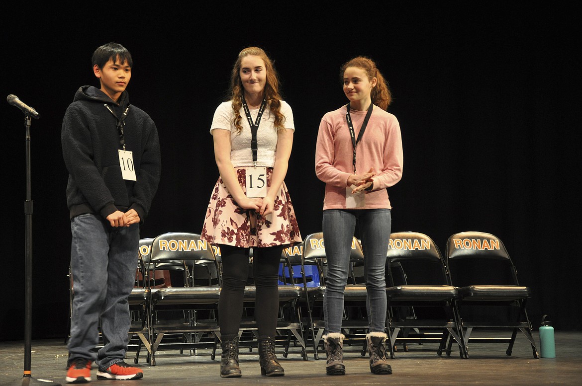 LEFT TO right are John Paca of Ronan, Mollykate Sullivan of Charlo and Talaeh Hernandez of Polson. The three eighth-grade students participated in the Lake County Spelling Bee last week. Paca placed first, Sullivan second and Hernandez third. (Ashley Fox/Lake County Leader)