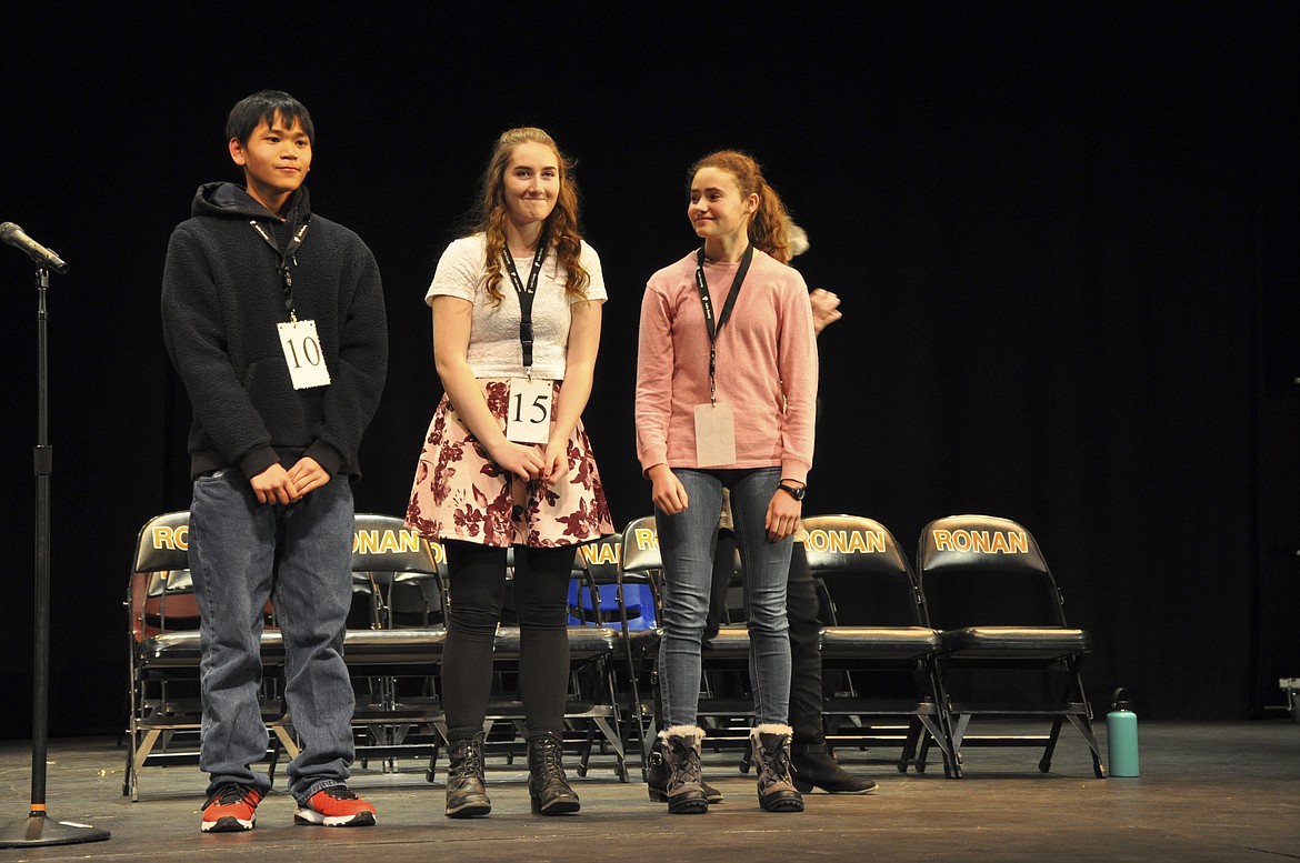 LEFT TO right are John Paca of Ronan, Mollykate Sullivan of Charlo and Talaeh Hernandez of Polson. The three eighth-grade students participated in the Lake County Spelling Bee last week. Paca placed first, Sullivan second and Hernandez third. (Ashley Fox/Lake County Leader)