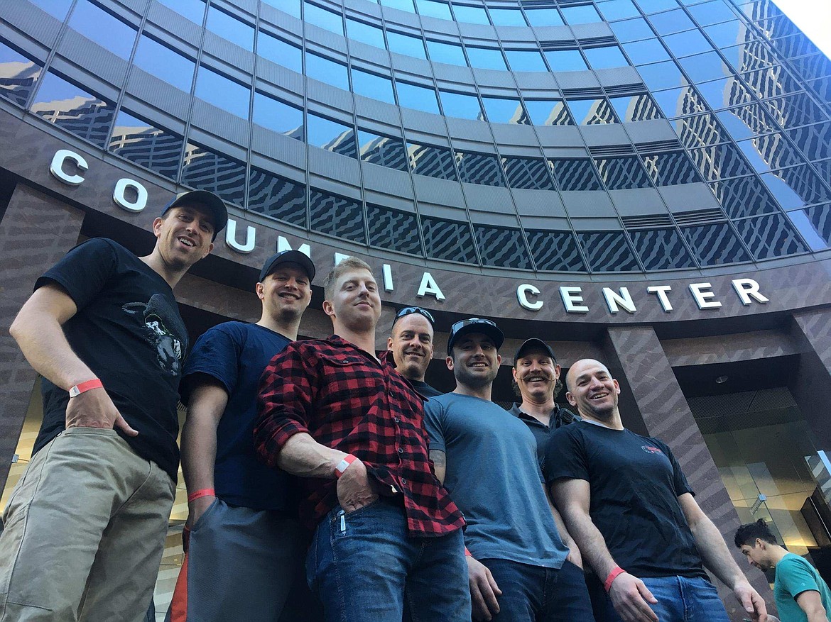 Photo courtesy of Greg Thaxton
Coeur d’Alene firefighters stand at the base of the Columbia Center, which they climbed March 11 for the Scott Firefighter Stairclimb to raise funds and awareness for the Leukemia and Lymphoma Society. Left to right: Cody Moore, Chad Matchell, Christopher Pickett, Greg Thaxton, Matt Church, Scott Robinson and Justin Torfin.