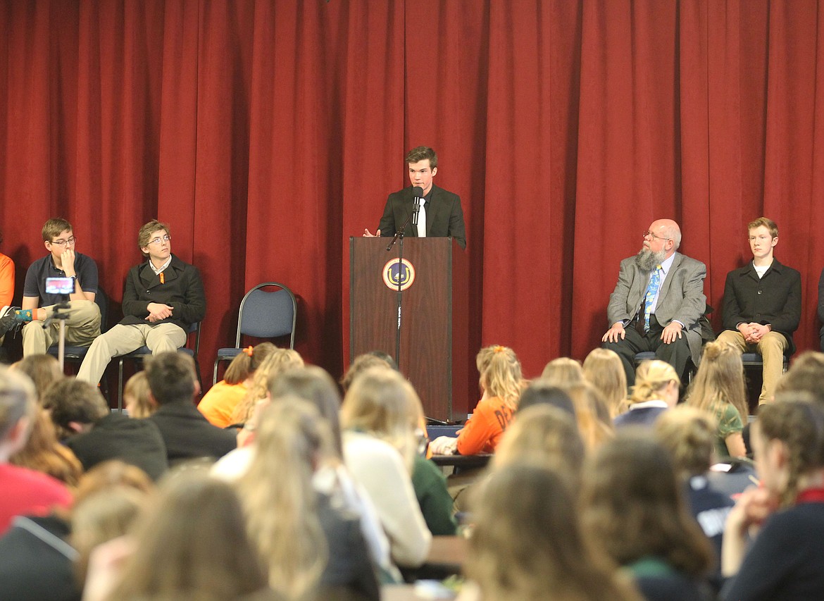 Karson Chrispens, a junior at Coeur d'Alene Charter Academy, addresses how important it is to make each person feel appreciated as he speaks to his peers Wednesday morning. The school held a safety seminar in conjunction with the school walkout movement that took place across the nation one month after the high school shooting in Parkland, Fla. (DEVIN WEEKS/Press)