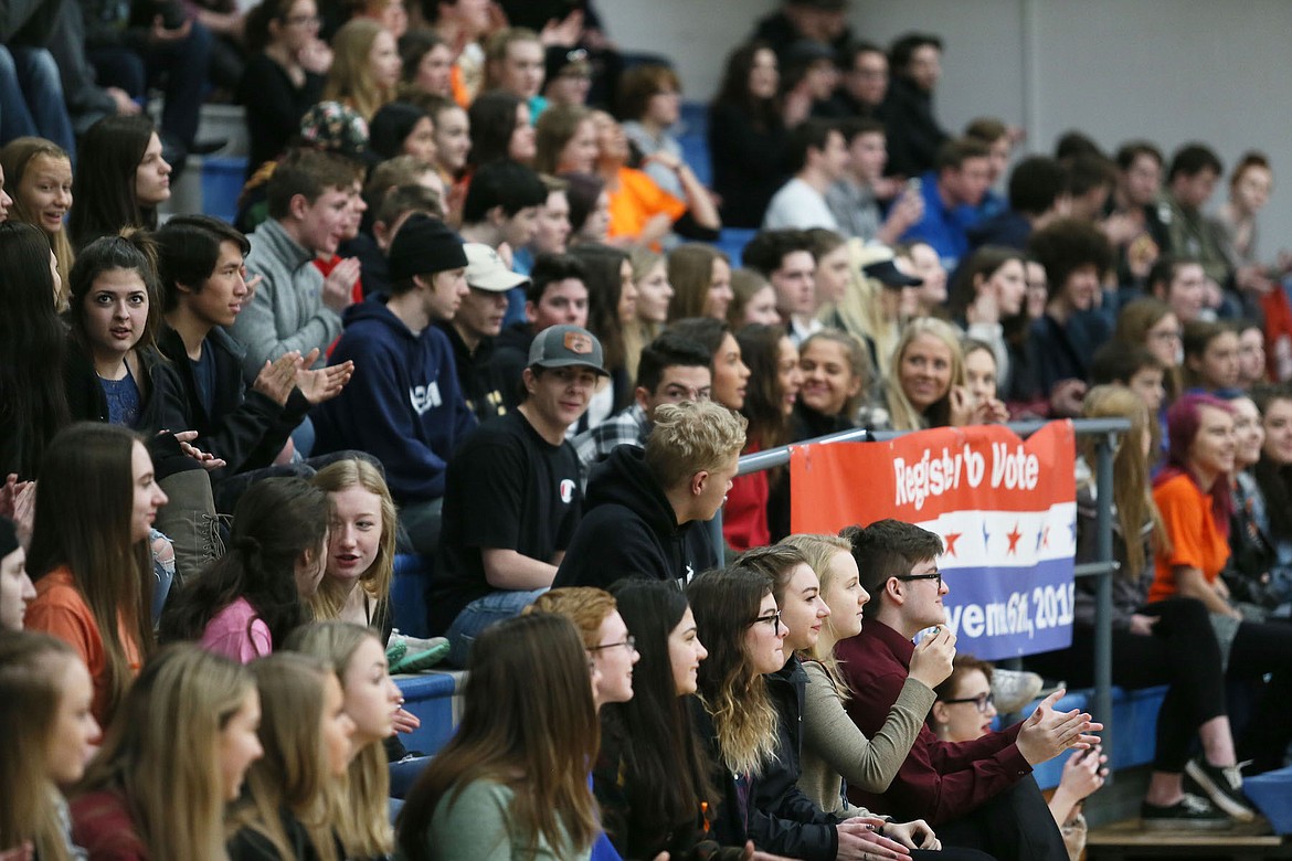 Rain forced protesters at Coeur d&#146;Alene High School inside the school gym Wednesday, where student leaders advocated political activism in response to the Feb. 14 Parkland, Fla. murders. (JUDD WILSON/Press)
