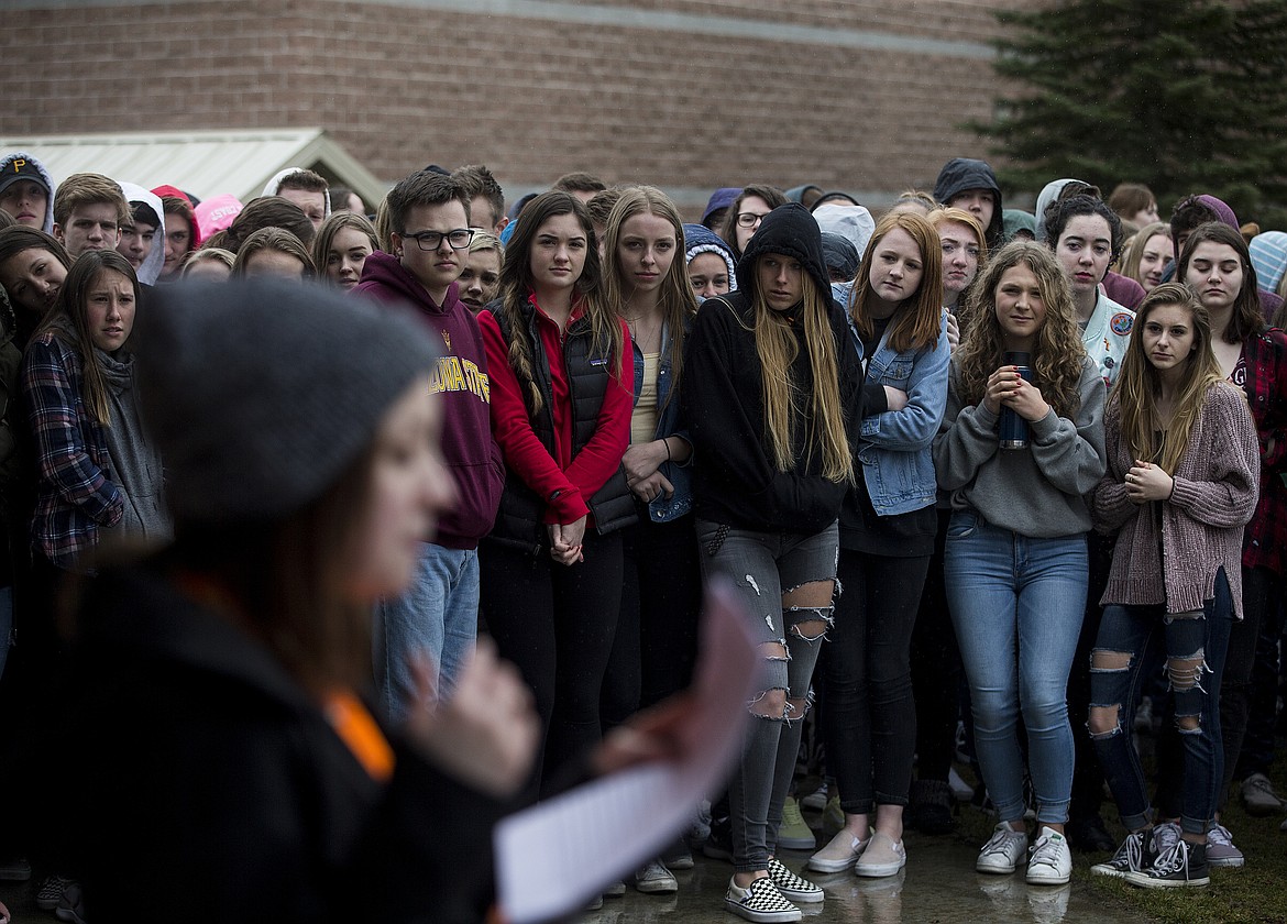 Lake City High School students listen to H.O.P.E. co-president Zoe O'brien give a speech during National School Walkout on Wednesday, one month after the deadly shooting at a high school in Parkland, Florida. (LOREN BENOIT/Press)