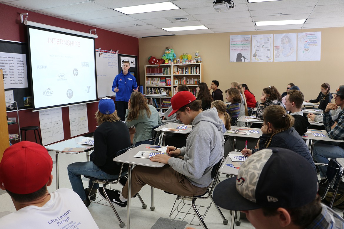 (Photo by MARY MALONE)
Sandpoint High School juniors learn what Boise State University has to offer as the Idaho Higher Education Tour made a stop in Sandpoint on Tuesday.