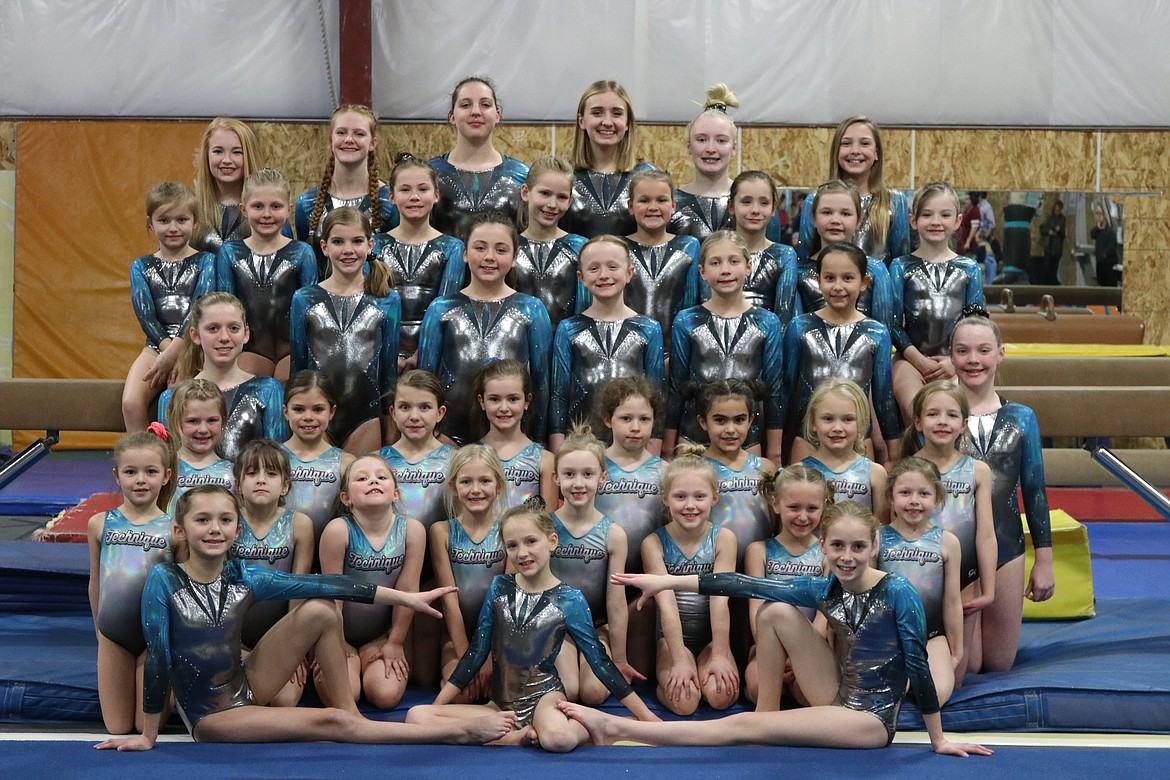 Courtesy photo
Technique Gymnastics recently competed in the March Madness Meet, hosted by Northwest Gymnastics in Spokane. In the front row from left are Dianna Bustillos, Cadence Wurster and Naomi Fritts; second row from left, Madeleine Hoare, Taylynn Lee, Natalie Prince, Libby Huffman, Jorgia Smither, Josselyn Clements, Kendall Tryon and Neva Mattison; third row from left, McKenzie Labelle, Drew Merk, Sierra Harvey, Elizabeth Hoare, Karlie Mosqueda, Layla Castro, Lillian Welton and Zoey Fletcher; fourth row from left, Kaitlynn Butler, Charlotte Hite, Mackenzie Wyant, Mady Riley, Caitlin Costello, Morgan Rossberg and Elyse Hemenway; fifth row from left, Brooklynn Widmer, Laila Gilbreath, Ava Nordberg, Jaylin Koneval, Elsa Laker, Kirsten Passmore, Khloe Martin and Viviann Crebs; and back row from left, Natalie Brett, Amber Shoolroy, Mallory Okon, Ana Pearse, Bethany Frey and Kayla Nelson.